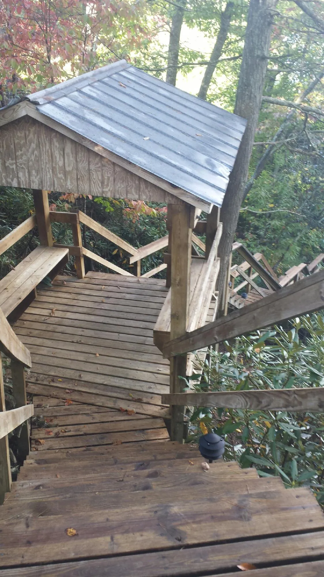 Metal roofed shelter over wooden steps on a wooded walkway — Skylight Repair & Installation work by our crew in Houma